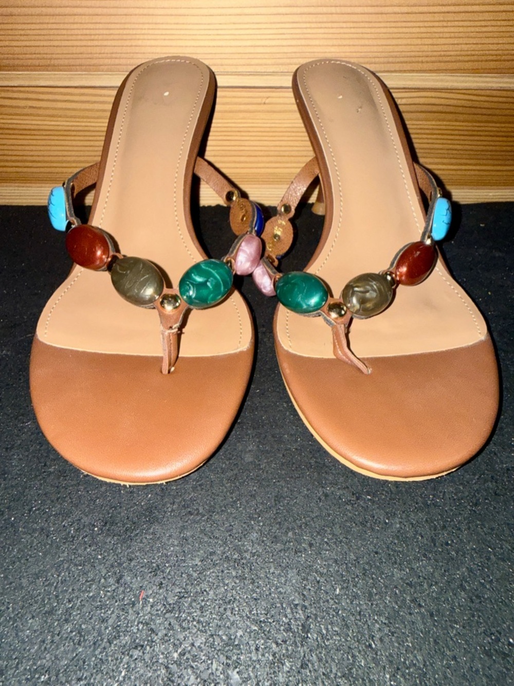 Earth Tone Faux Brown Slip On sandal  Multicolor Bead Detail